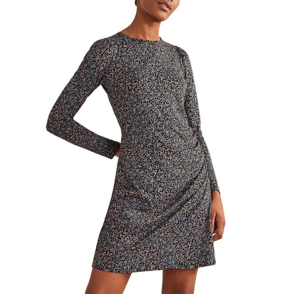Boden Ruched Jersey Mini Dress Black Wild Vine Floral print Long Sleeve 8L NWT
